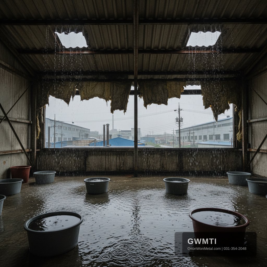 충북 지붕 누수 보수 보수 전 현장 모습 - 건원메탈산업